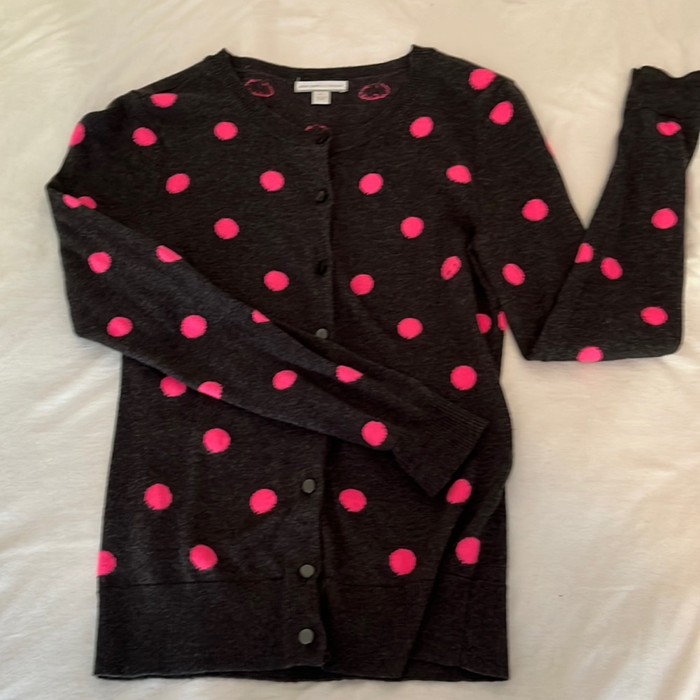 Dark gray cardigan with hot pink polka dots, New York and Co. size XS.